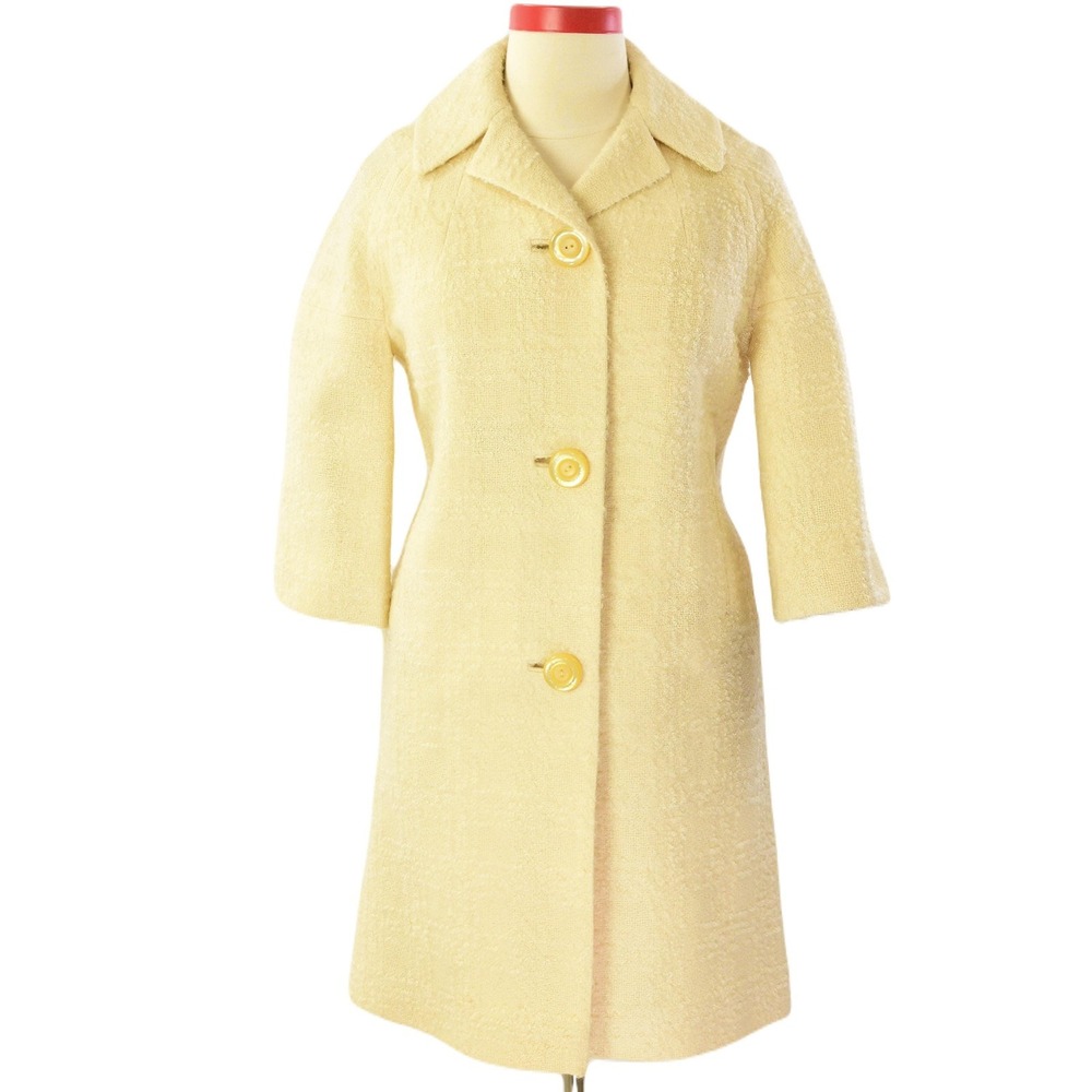 50s Vintage Wool Boucle Coat Womens L Lemon Cream Mod Swing Jacket 3 Button Leed